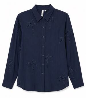 NWT NY Collection Navy Palm Tree Eyelet Button Down Blouse M